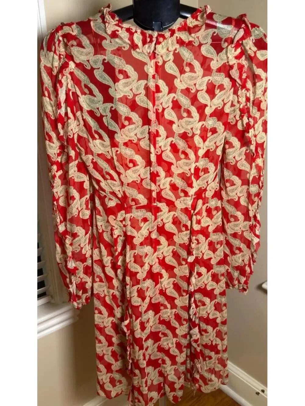 The Kooples Paris Red Paisley Ruffle Mini Dress Size 1 NWT Sheer Long Sleeve $42